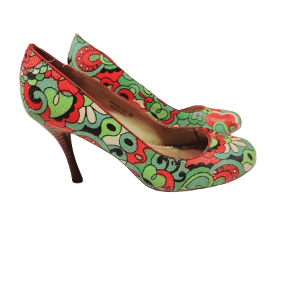 Naughty Monkey Floral Pin Up Pump Heels Multi Color Green Red Size 10 - Picture 3 of 10